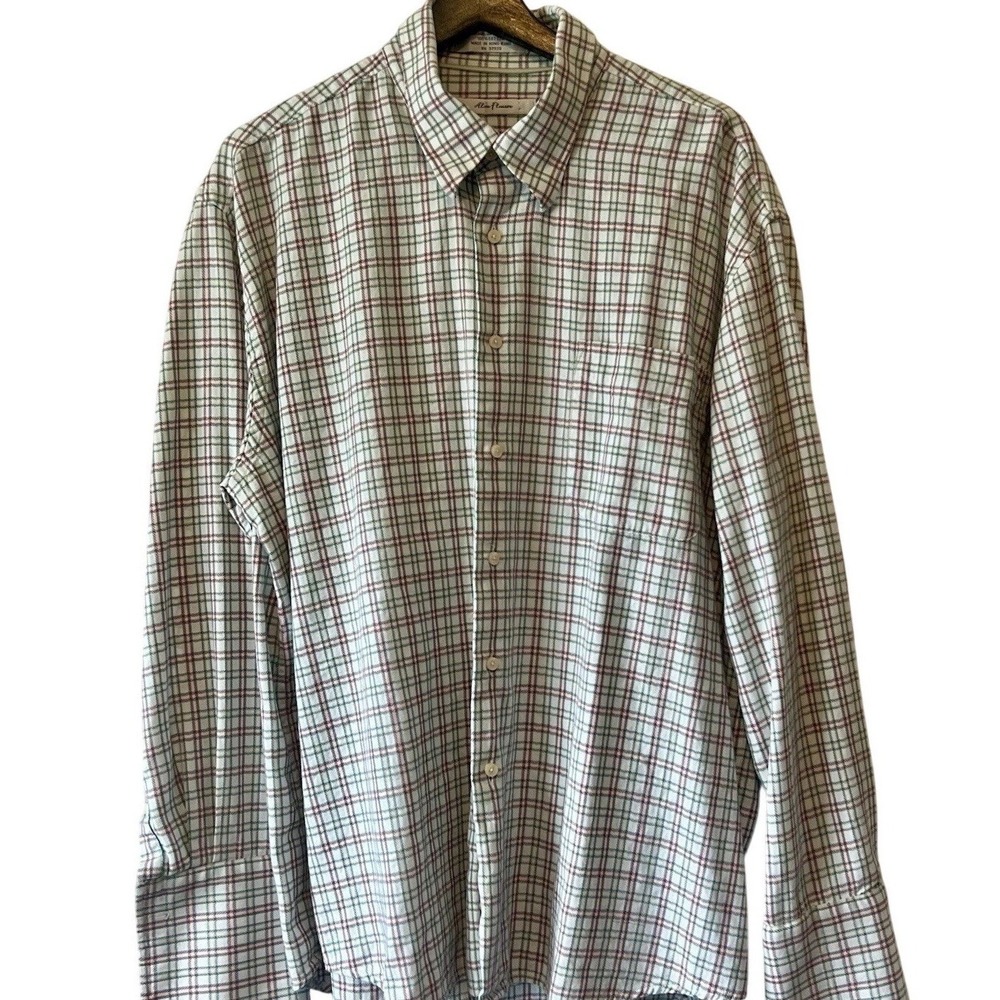 Alan Flusser Mens XL Plaid Herringbone Button‎ Up Shirt French Cuff Cotton White